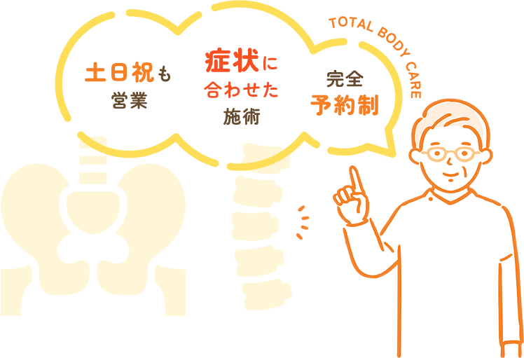 症状に合わせた施術/土日祝も営業/完全予約制